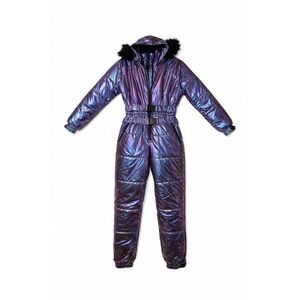 Club Exx Dolls Kill Iridescent Metallic Snow Suit Hoodie Purple Blue Small